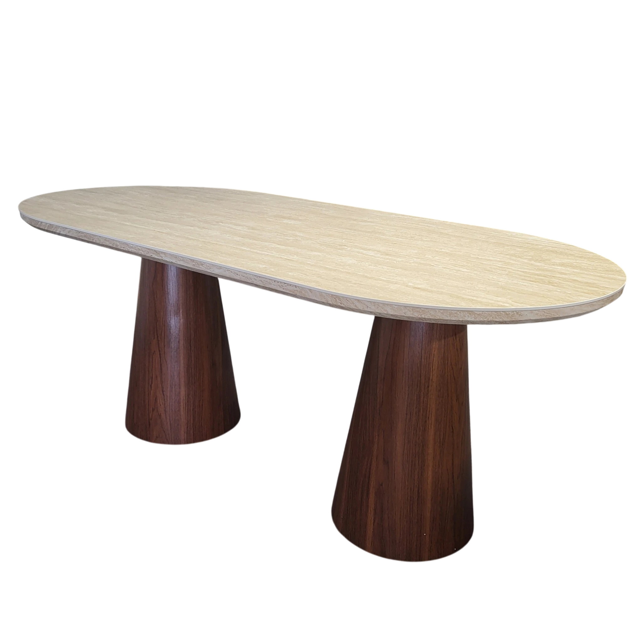 Table à manger ICONIC plateau en céramique effet travertin - Pieds noyer REF 63.