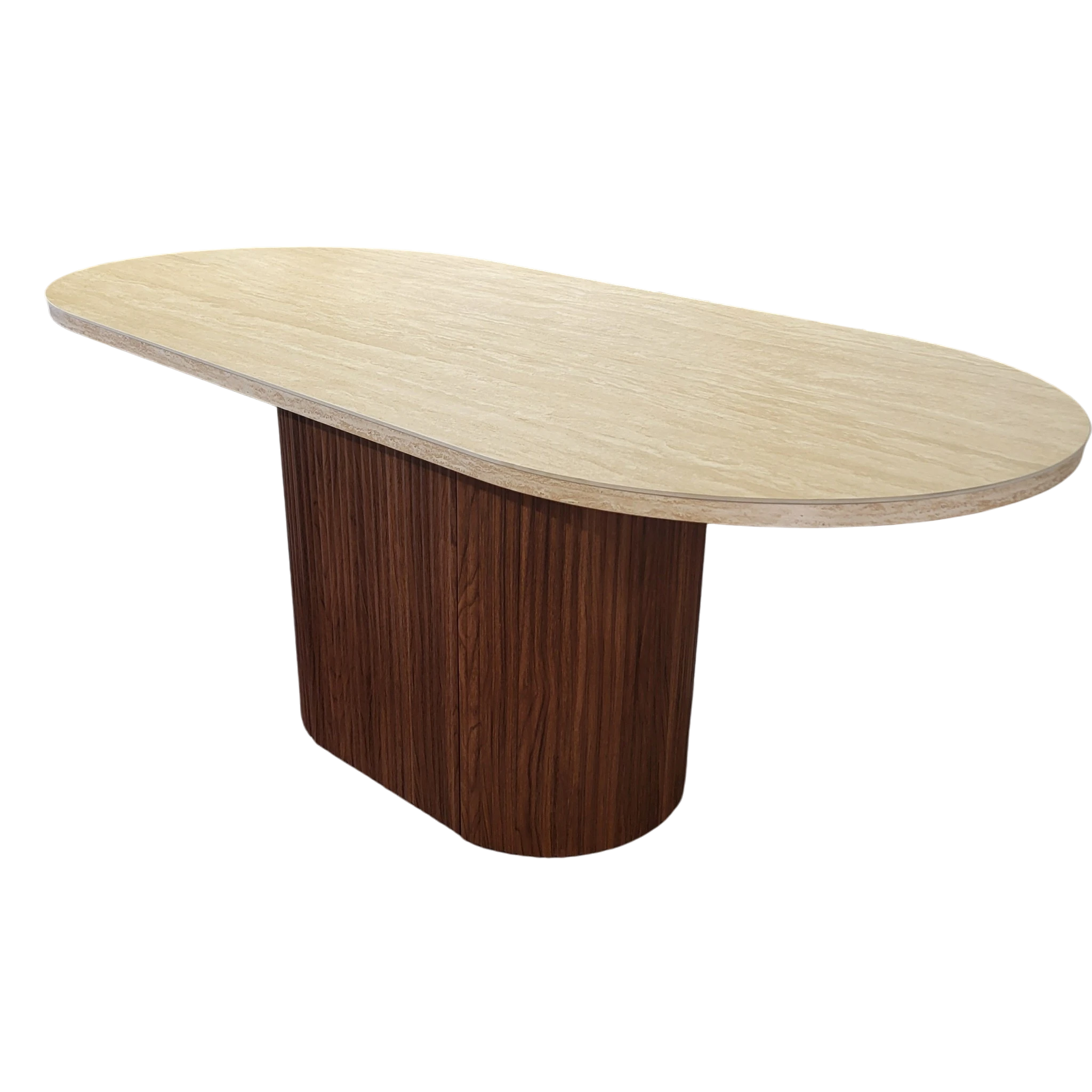 Table à manger PORTA - Plateau en travertin et pied noyer - 150 cm REF 205