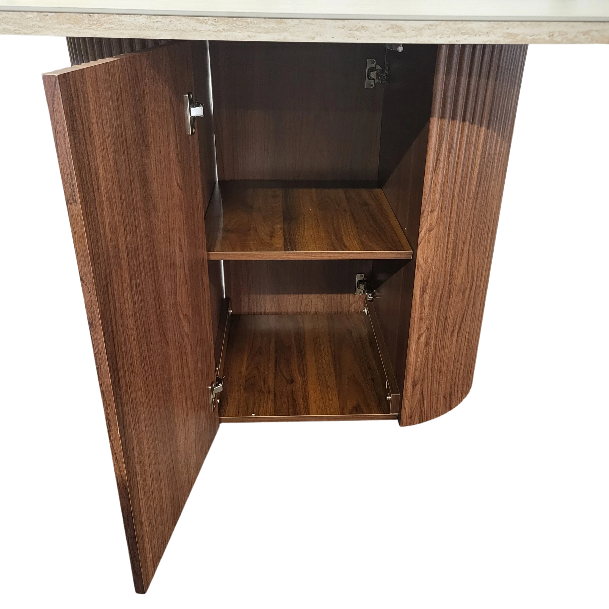 Table à manger PORTA - Plateau en travertin et pied noyer - 150 cm REF 205