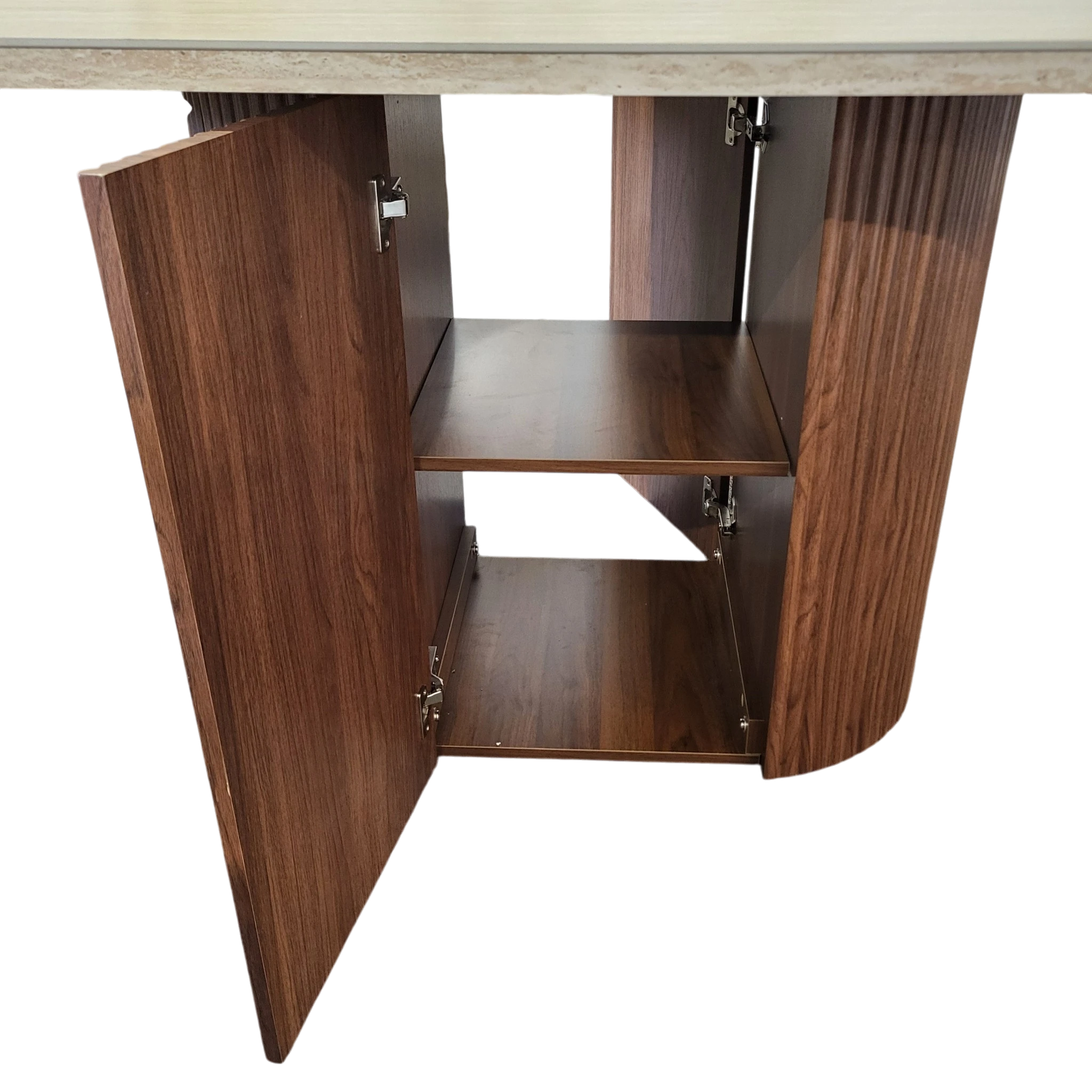 Table à manger PORTA - Plateau en travertin et pied noyer - 150 cm REF 205