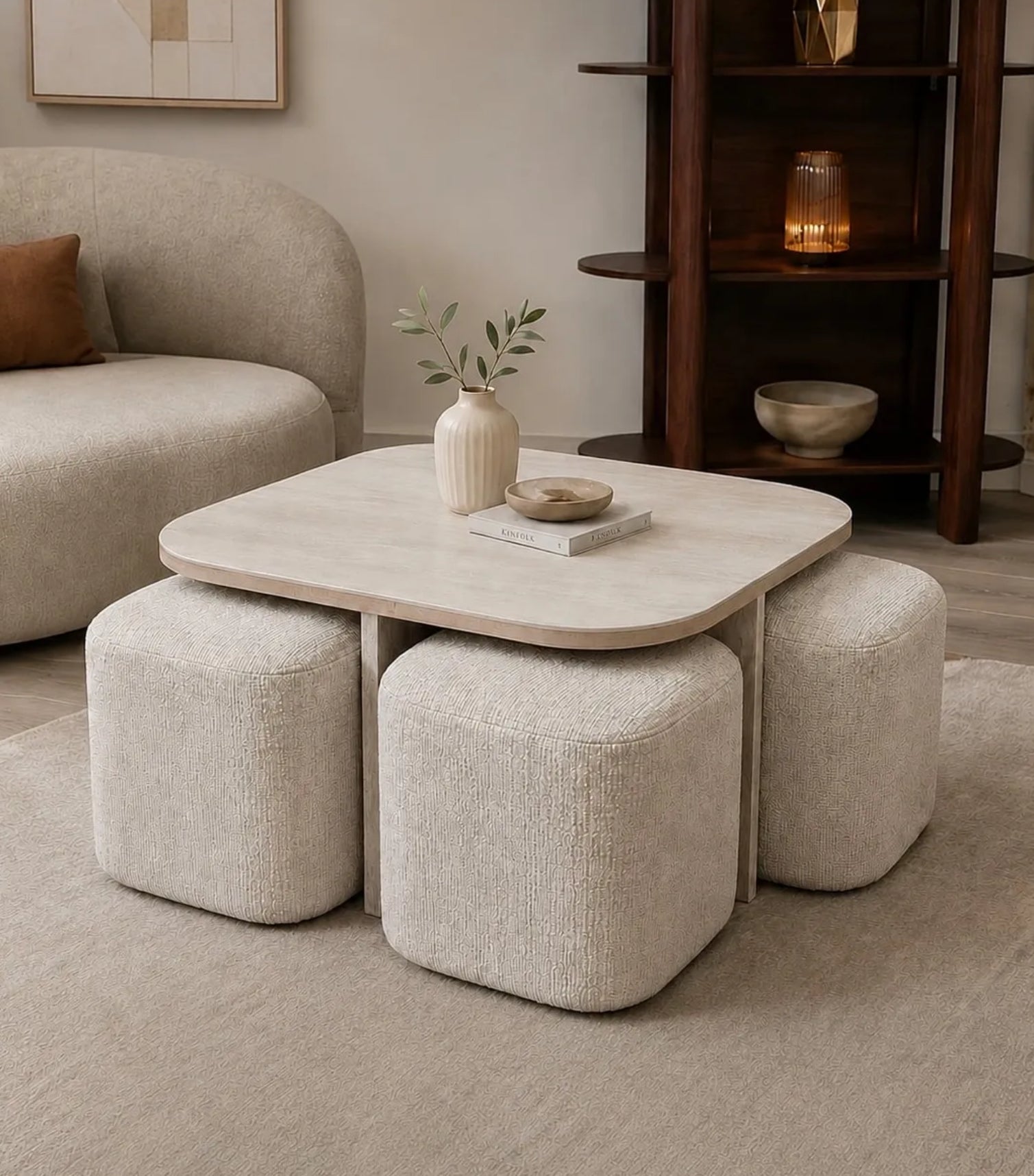 Table basse MARBELLA - effet travertin avec poufs REF 100