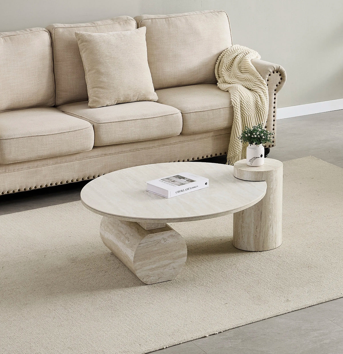 Table basse RONDIN - Plateau en céramique effet travertin blanc - 90 cm REF 112