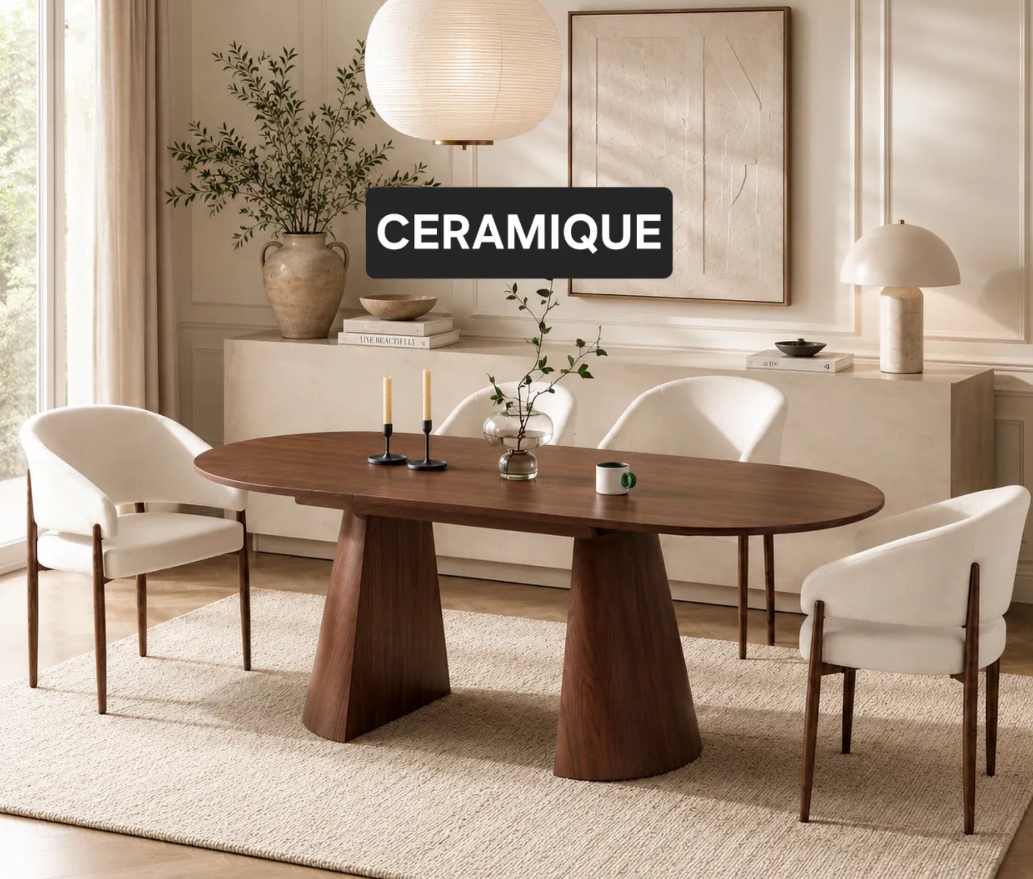 Table à manger Anastasia Plateau Céramique Noyer 180/220cm