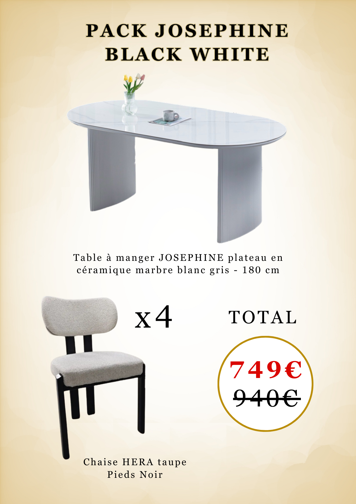 Table à manger JOSEPHINE + 4x Chaise HERA taupe - Pieds Noir