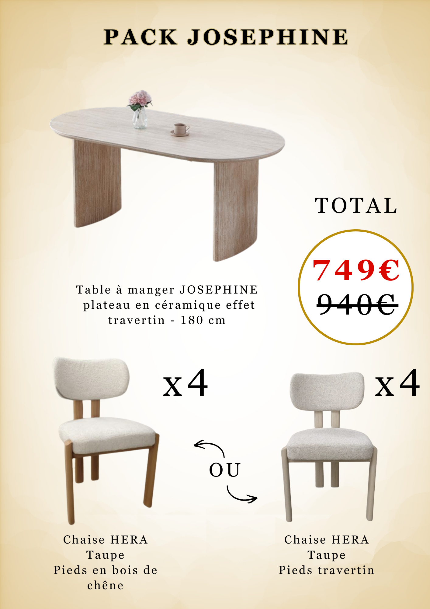 Table à manger JOSEPHINE plateau en céramique effet travertin - 180 cm + Chaises HERA Taupe Pieds travertin