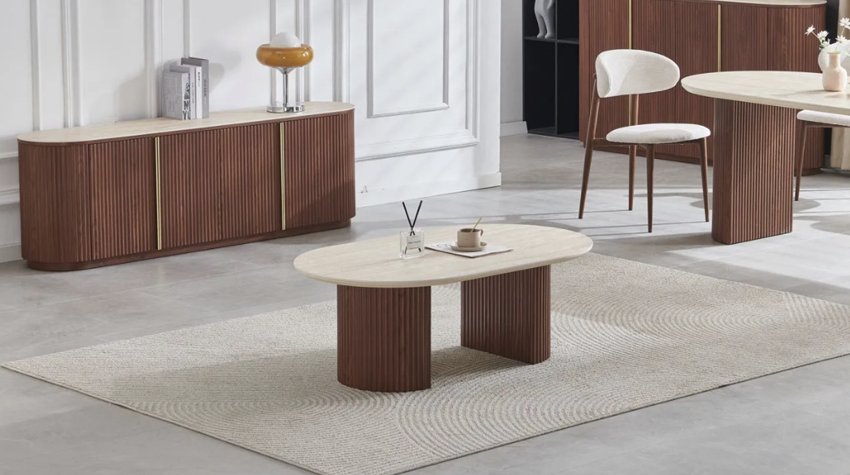 Table Basse Calypso en Céramique Travertin et Bois Noyer – 120 cm