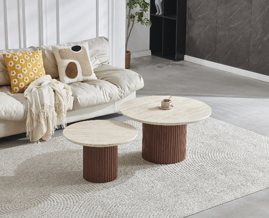 Table basse gigogne duo Pila en noyer et travertin céramique