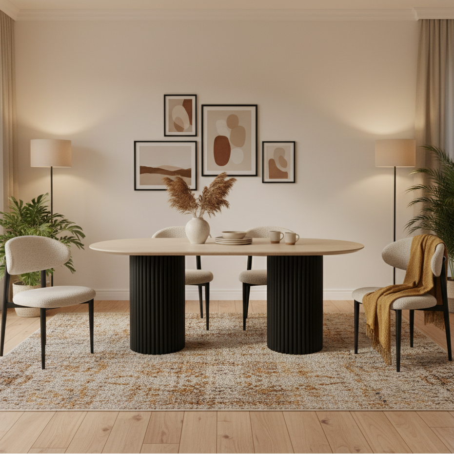 Table à manger Keysha – Métal noir & céramique effet travertin SKU 101