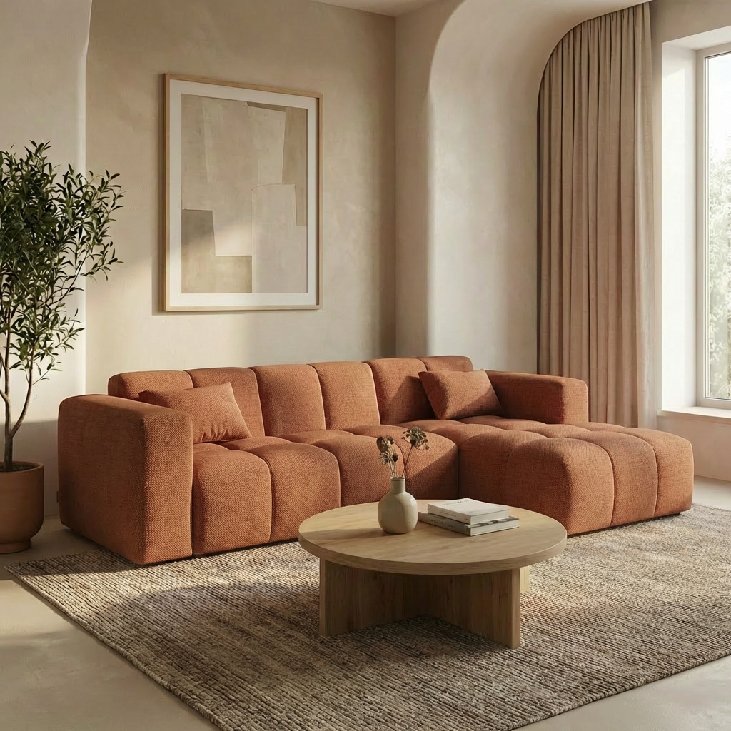 Canapé d'angle CARO avec méridienne - Tissu flow 12