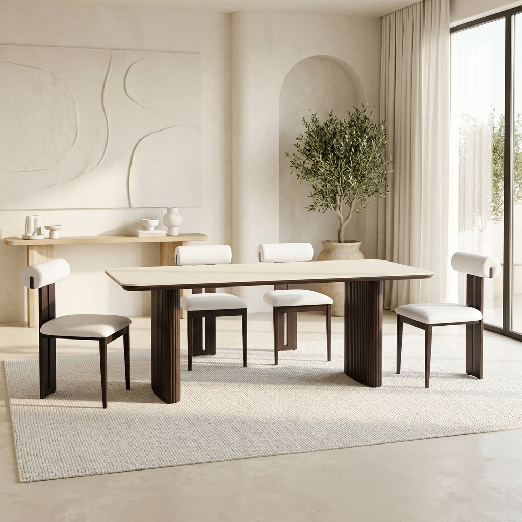 Table à manger rectangle LUNA en céramique - 180cm - Pied noyer plateau ceramic 10mm blanc cassé- REF 1009
