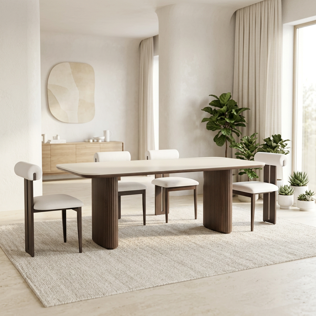 Table à manger rectangle LUNA en céramique - 180cm - Pied noyer plateau ceramic 10mm blanc cassé- REF 1009