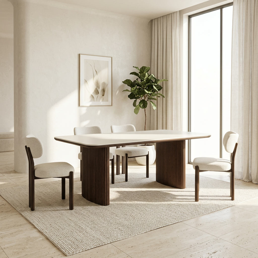 Table à manger rectangle LUNA en céramique - 180cm - Pied noyer plateau ceramic 10mm blanc cassé- REF 1009