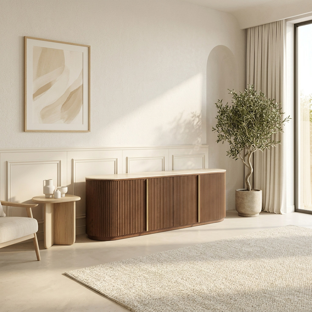 Meuble TV de rangement CALYPSO en noyer - Plateau en céramique effet travertin - 180 cm REF 56.