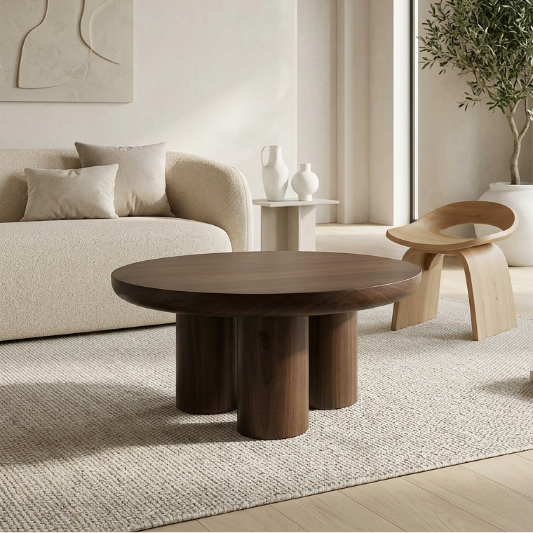 Table basse MAYA plateau et pied central en effet noyer - Ø 90 cm REF 74