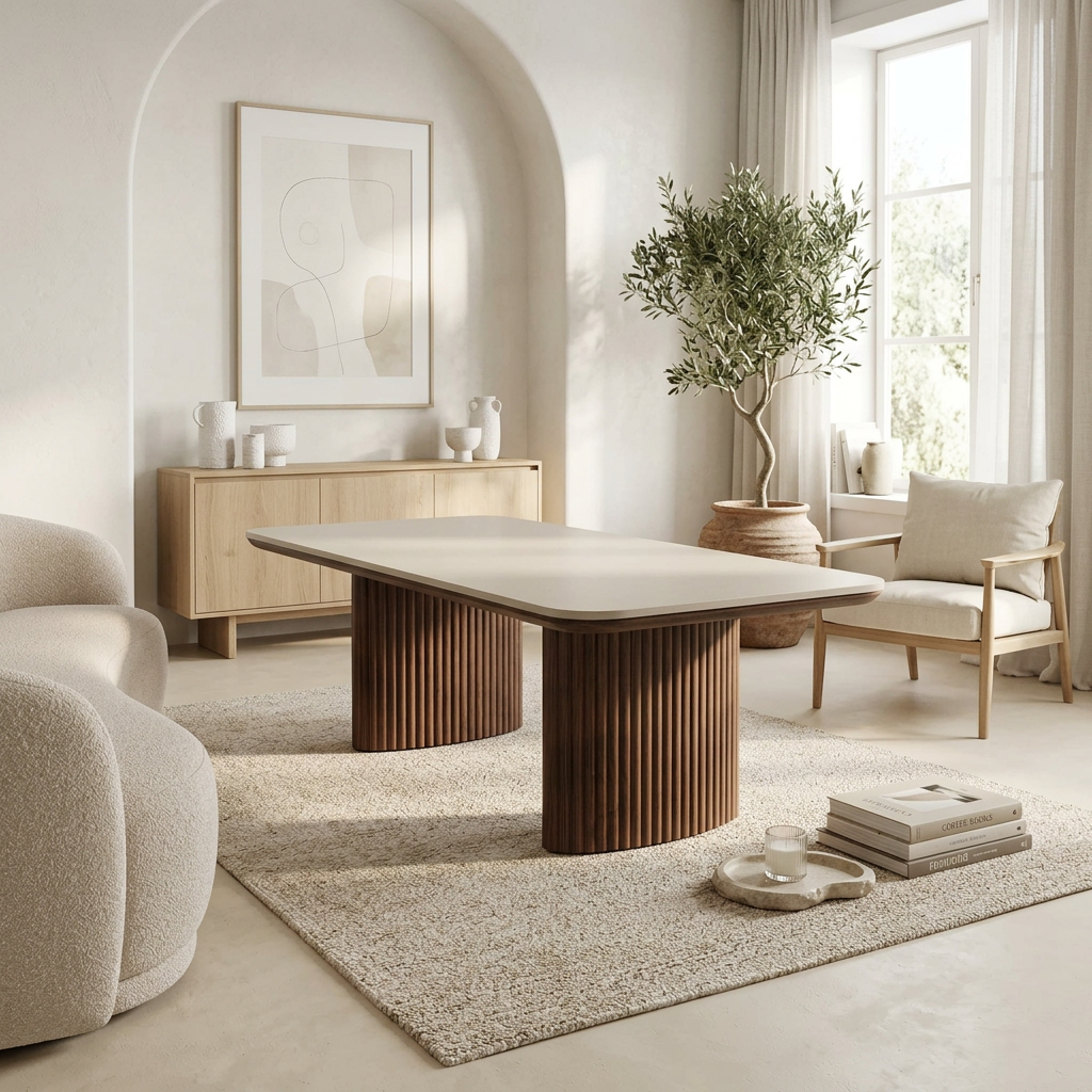 Table basse LUNA ceramic rectangle pied noyer plateau ceramic 10mm blanc cassé - sku 1010