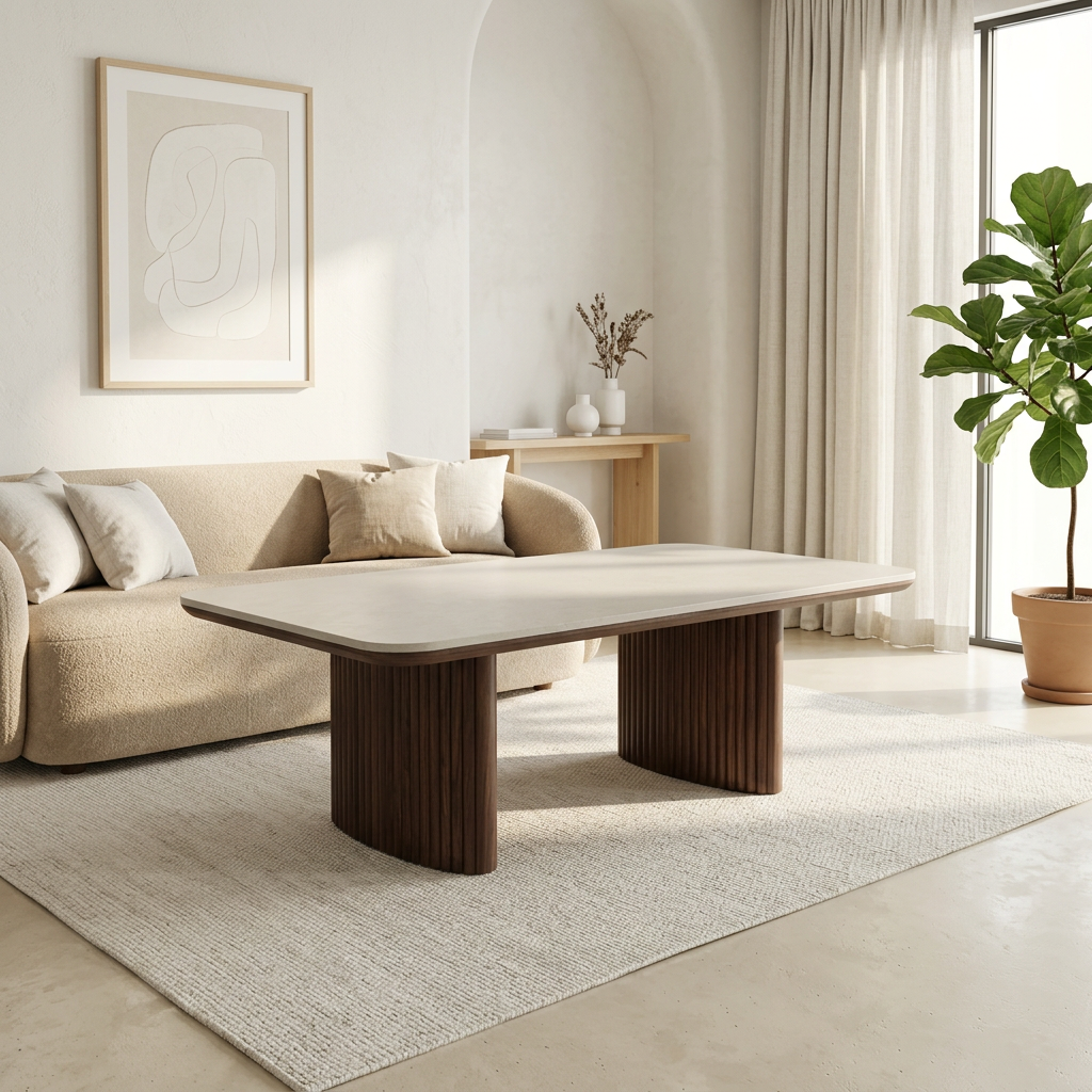 Table basse LUNA ceramic rectangle pied noyer plateau ceramic 10mm blanc cassé - sku 1010