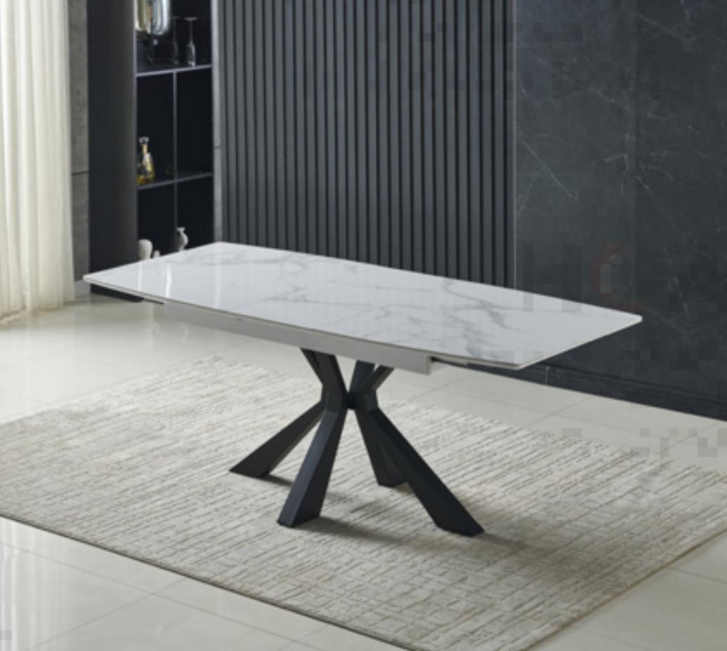 TABLE EXTENSIBLE CERAMIQUE MARBRE BLANC PIEDS NOIR 160/200