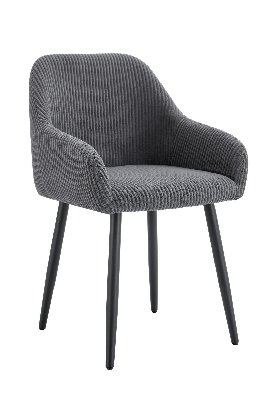 Chaise Peach avec accoudoirs – Côtelée grise & pieds métal noir