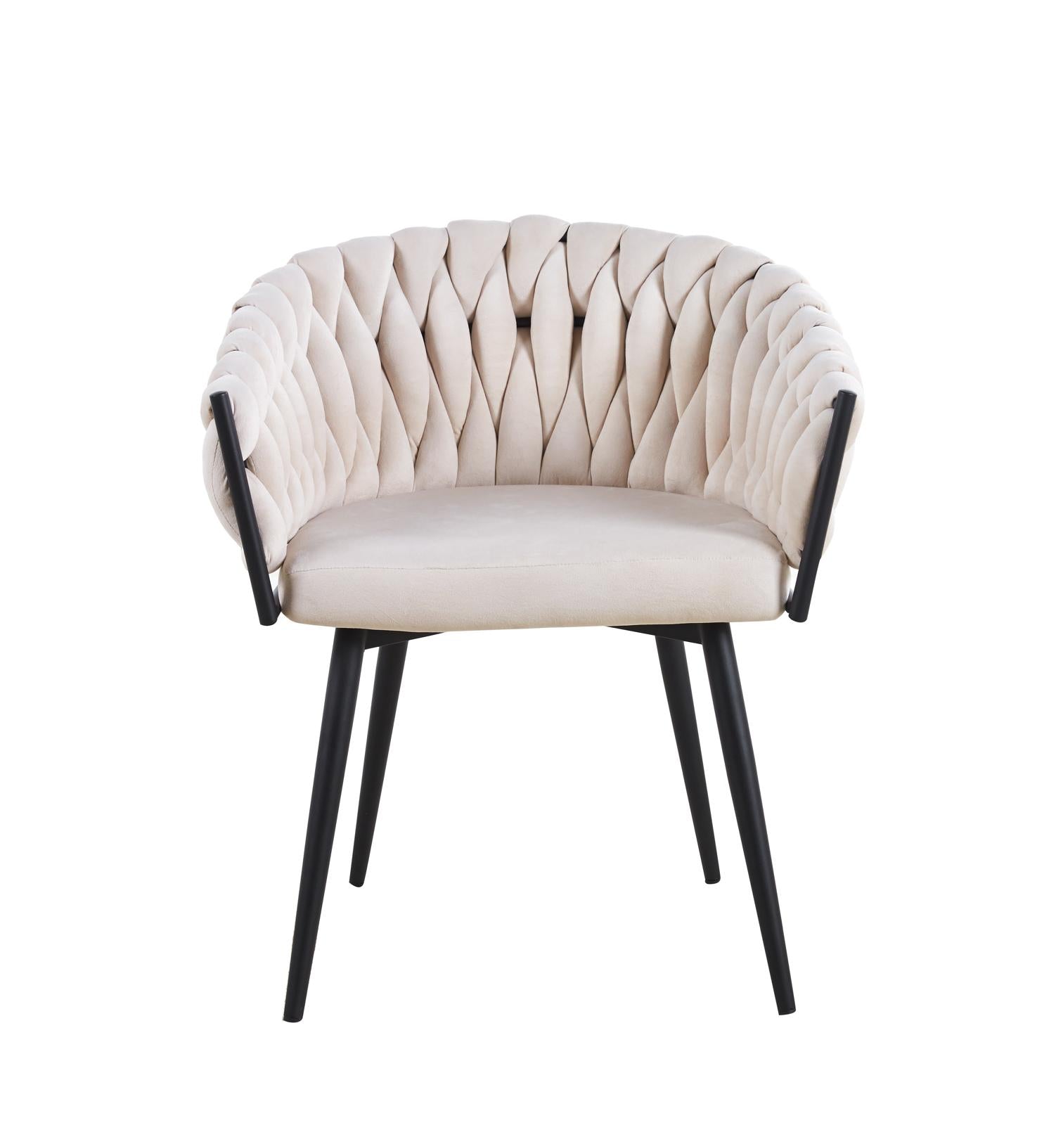 Chaise tressée avec accoudoirs – Velours beige & pieds métal noir