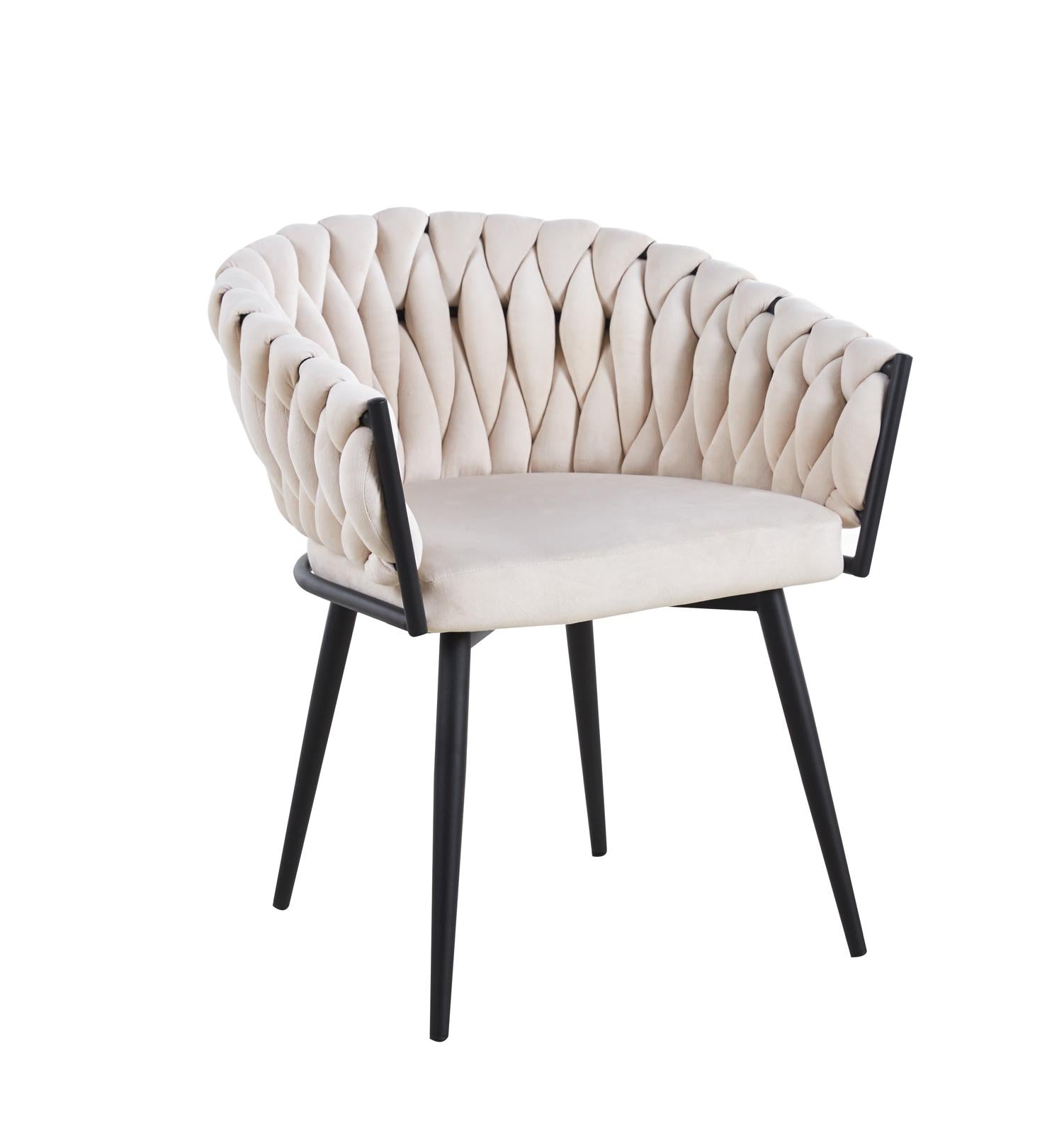 Chaise tressée avec accoudoirs – Velours beige & pieds métal noir