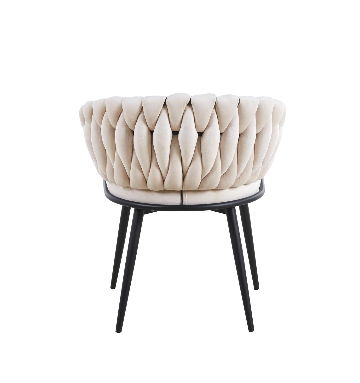 Chaise tressée avec accoudoirs – Velours beige & pieds métal noir