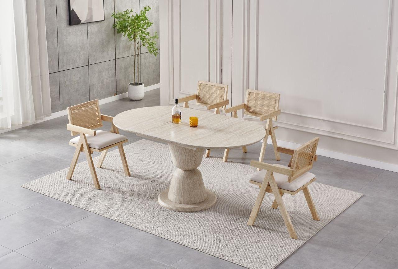 Table à manger rallonge Camille – Plateau céramique effet travertin & pied central