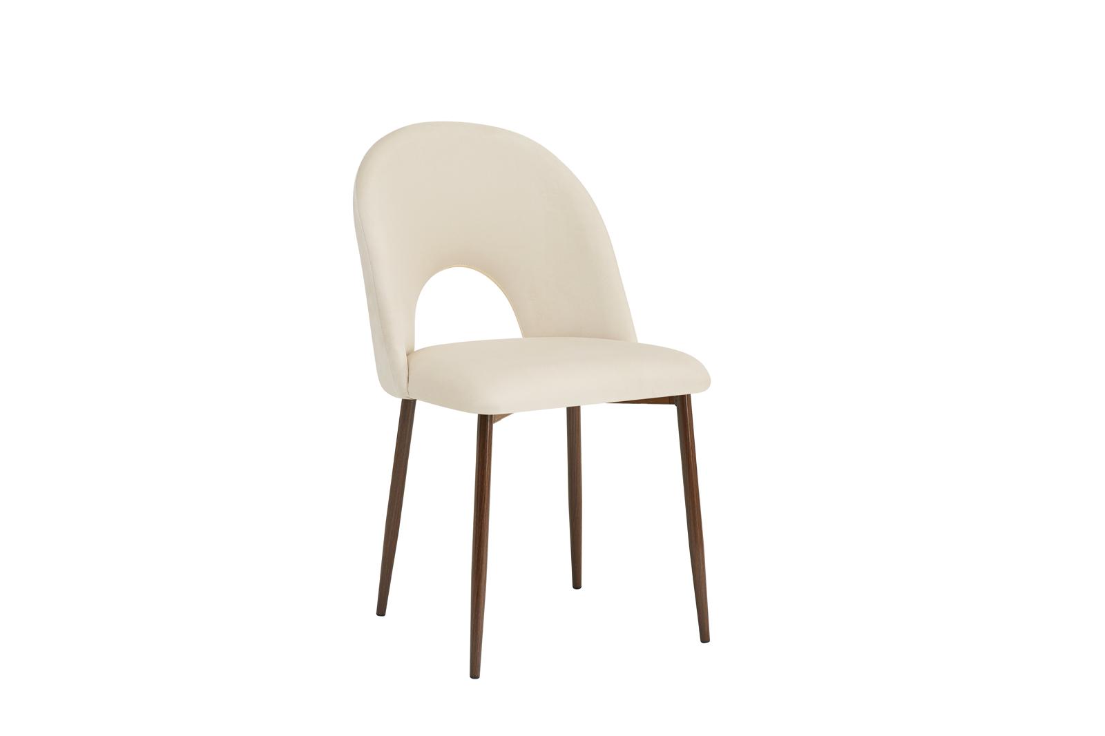 Chaise Teddy – Velours beige & pieds métal effet noyer