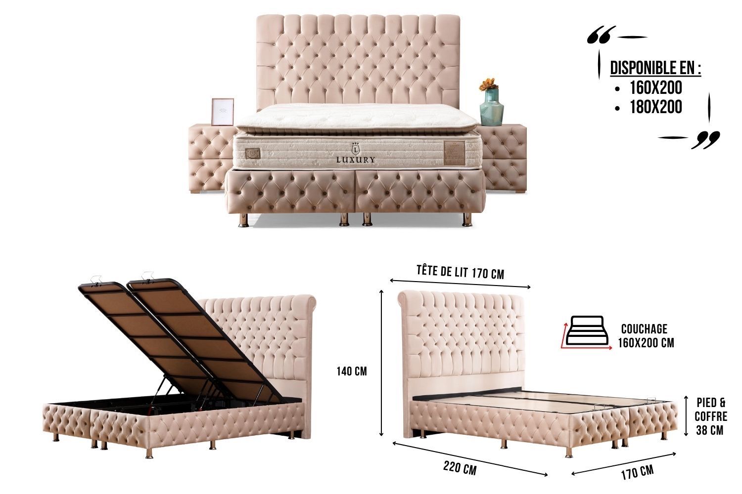 Lit Coffre Luna 160x200 Beige