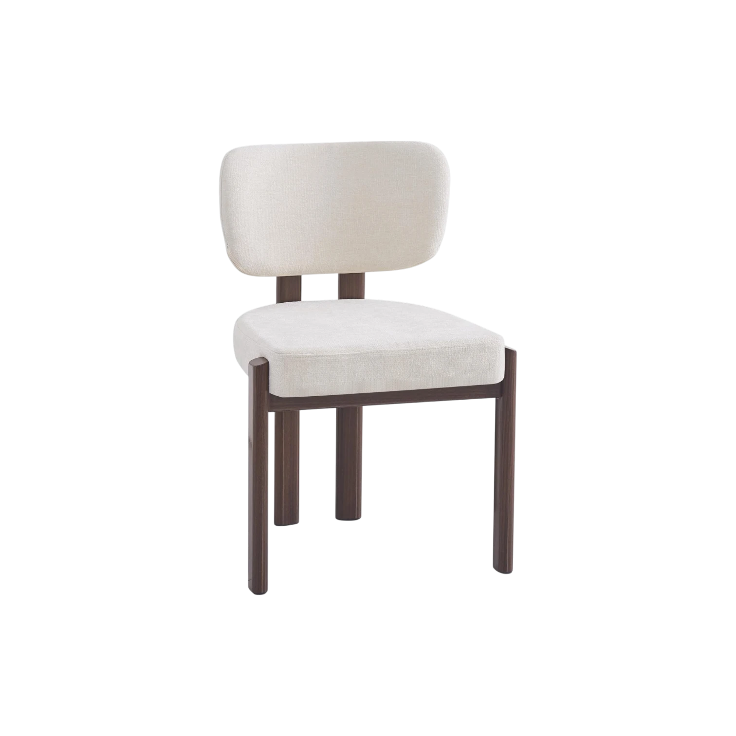 Chaise BAGUETTE en tissu chenille beige avec pieds effet noyer vue de trois quarts