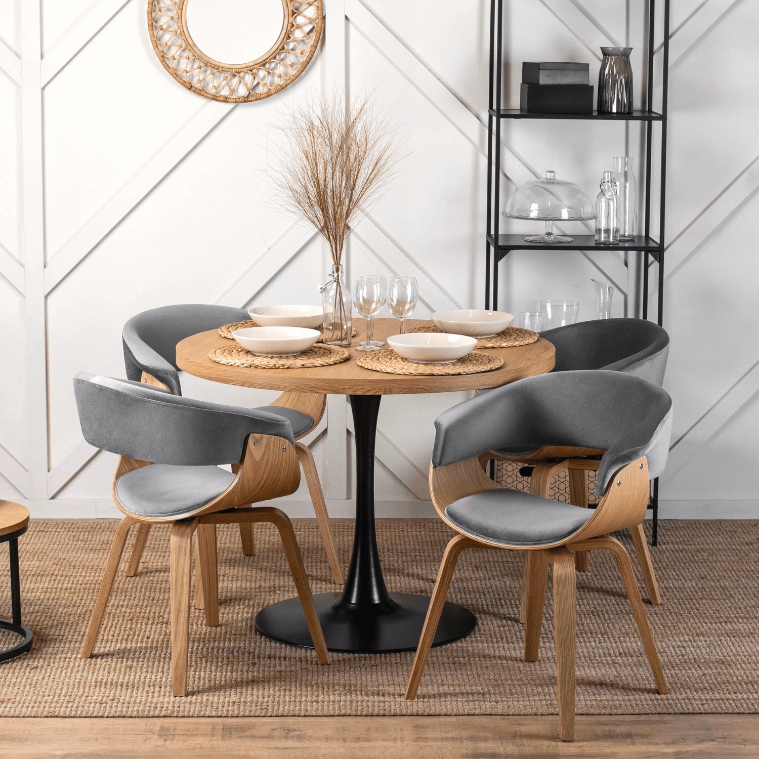 Chaise GARY velours gris - Pieds effet chêne doré REF 3030