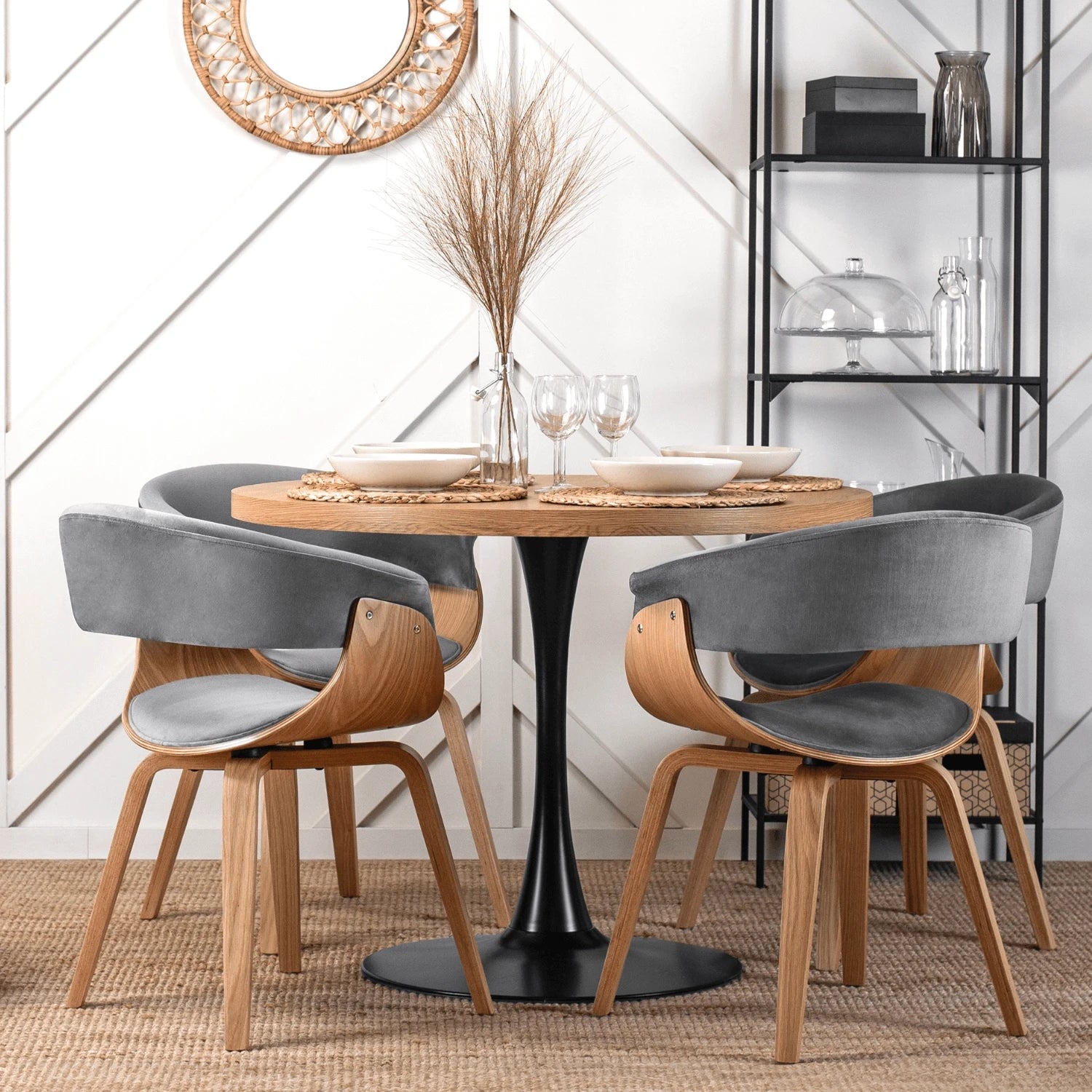 Chaise GARY velours gris - Pieds effet chêne doré REF 3030