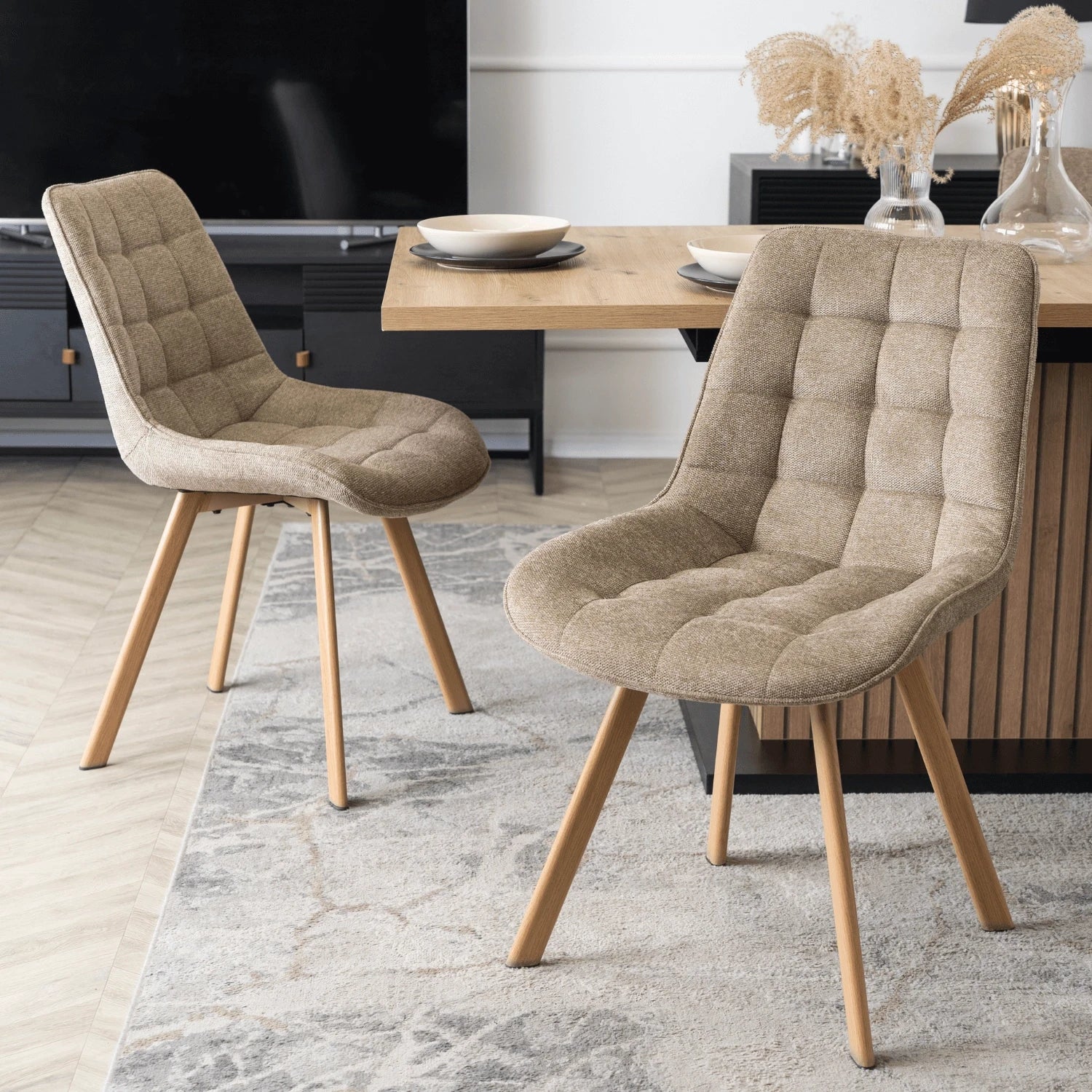 Chaise KATHY en tissu beige - Pieds effet chêne REF 3028