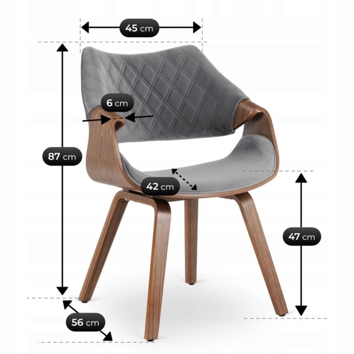 Chaise LUISE velours gris et pieds effet noyer REF 3031