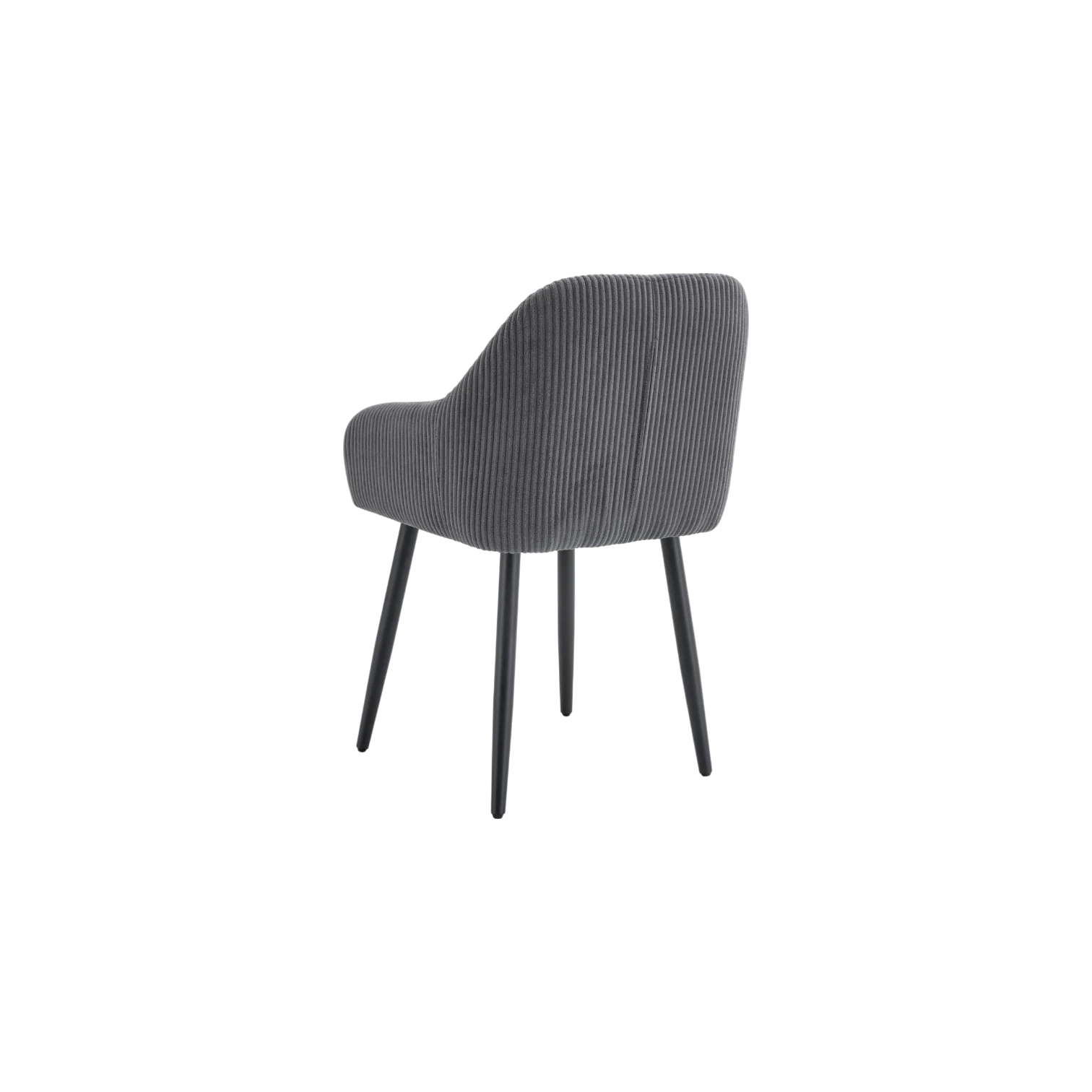 Chaise PEACH avec accoudoirs en tissu côtelé gris et pieds en métal noir vue de trois quarts arrière