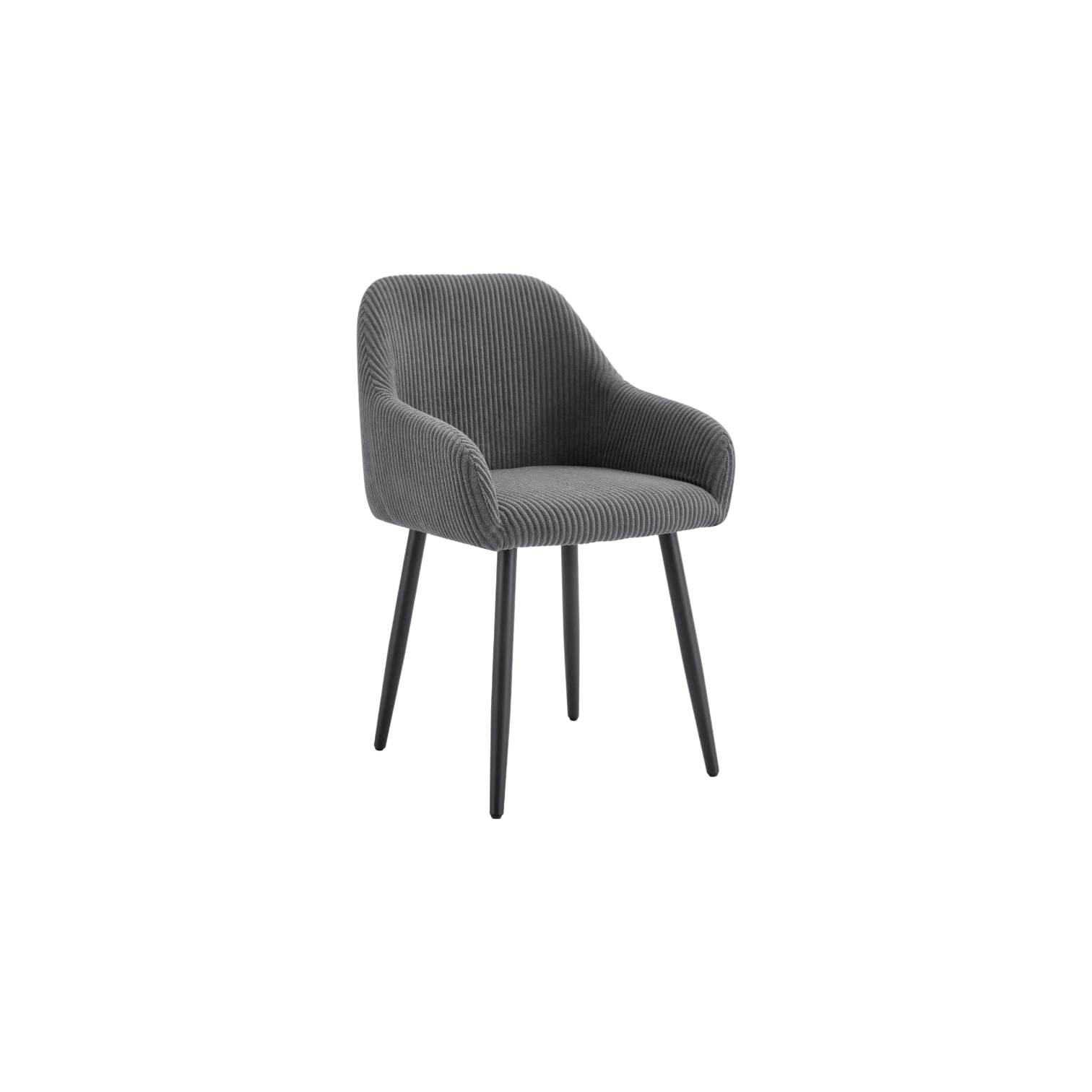 Chaise PEACH avec accoudoirs en tissu côtelé gris et pieds en métal noir vue de trois quarts avant