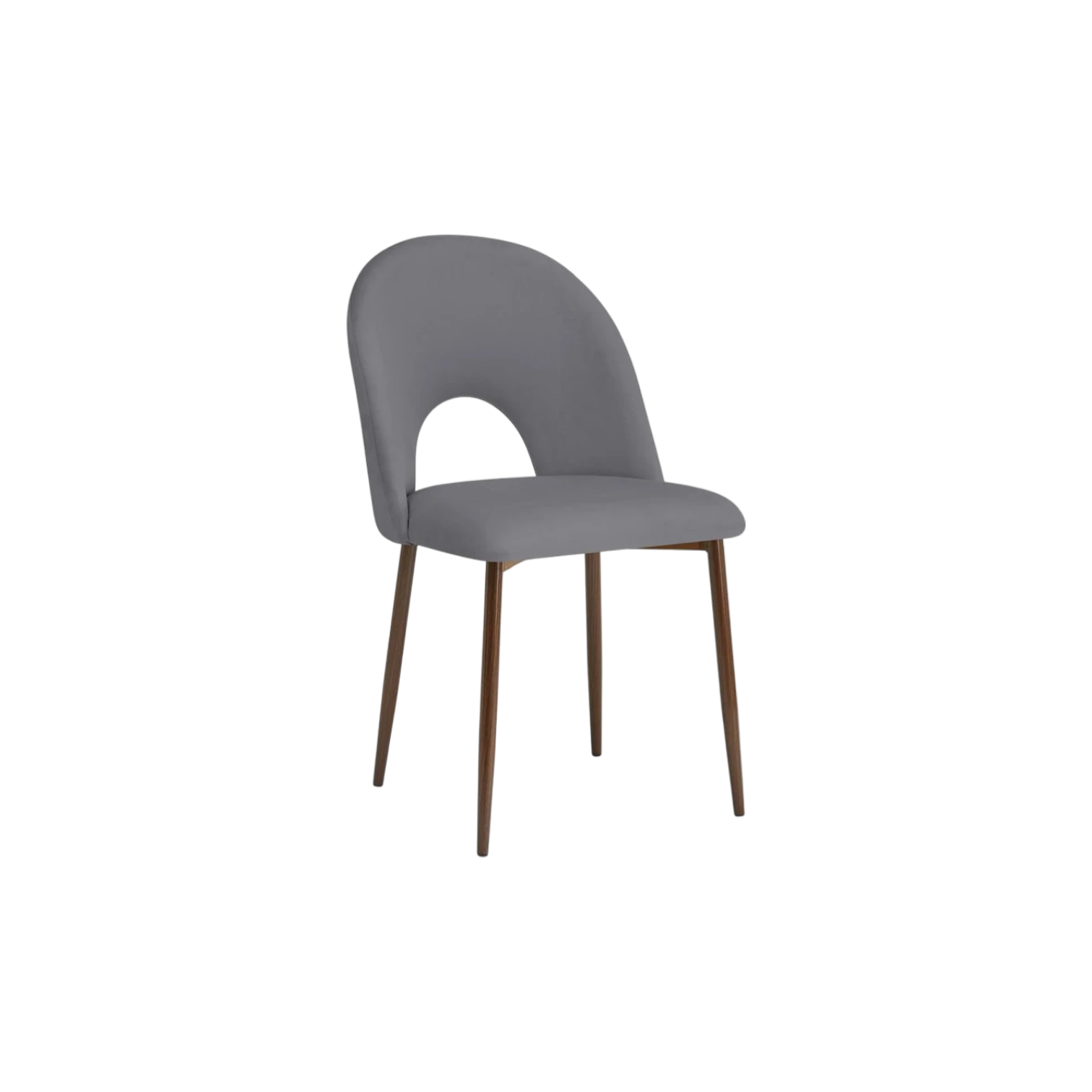 Chaise TEDDY en velours gris avec pieds en métal effet noyer vue de trois quarts avant image sur fond blanc