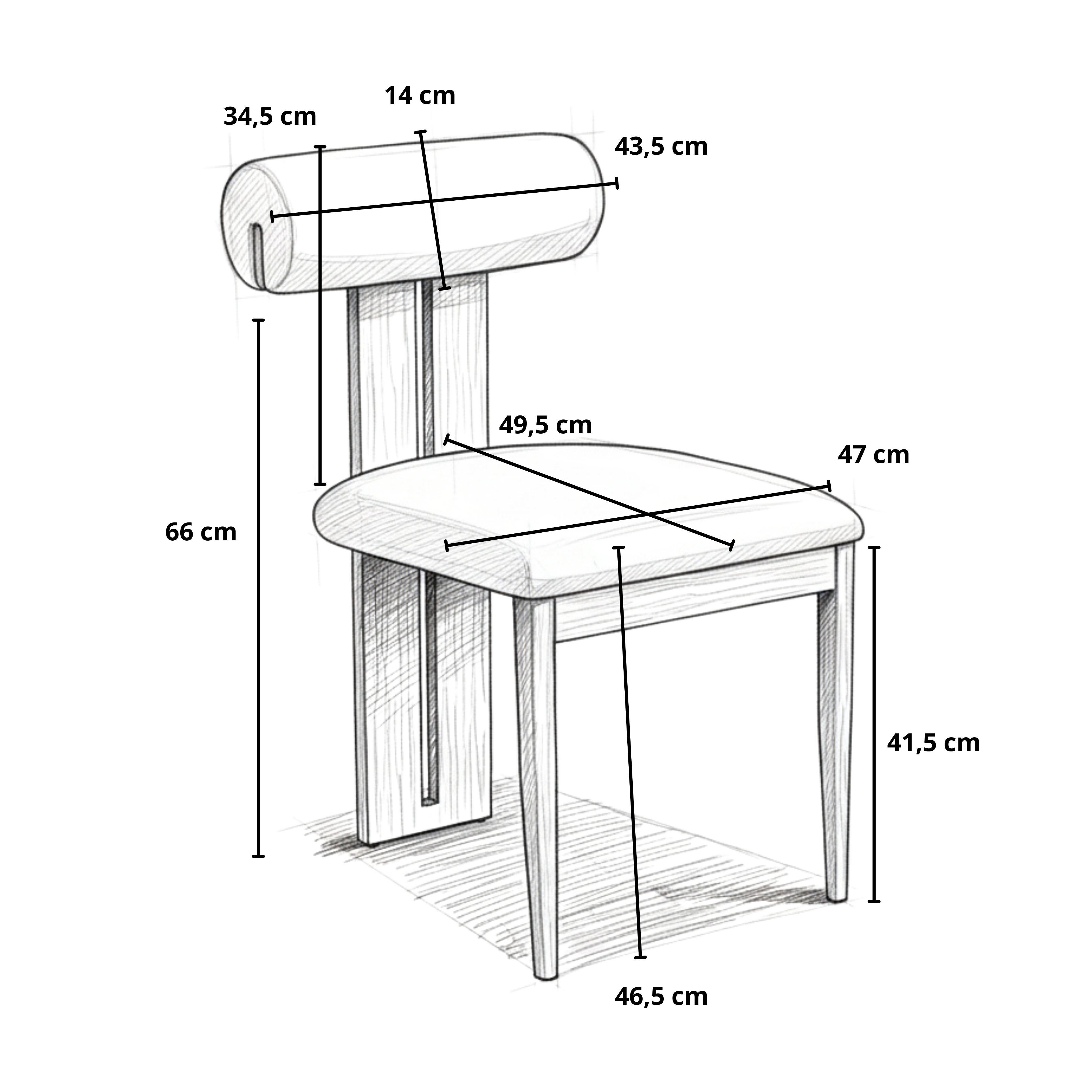 Dimensions de la chaise TIFFANY avec pied effet noyer et velours beige