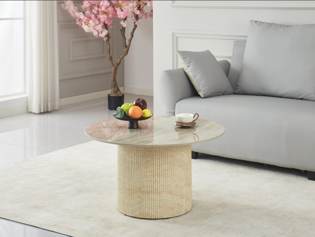 TABLE BASSE FAMOUS PIED TRAVERTIN PLATEAU CERAMIUE TRAVERTIN BRILLANT 80cm - REF 1019