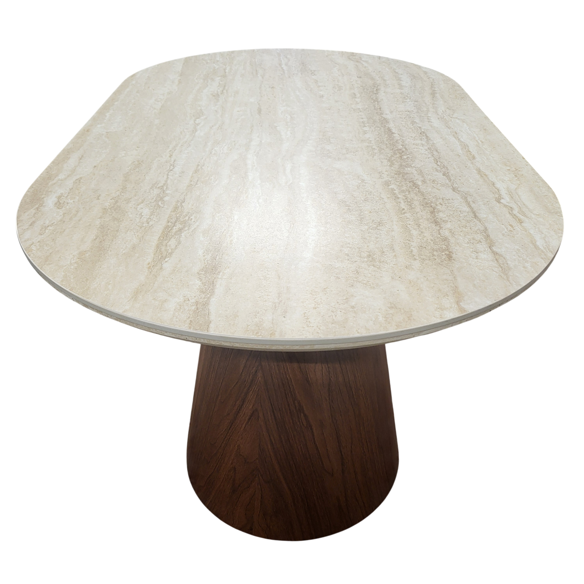 Table basse Iconic plateau travertin 120 cm avec pieds coniques noyer - vue avant