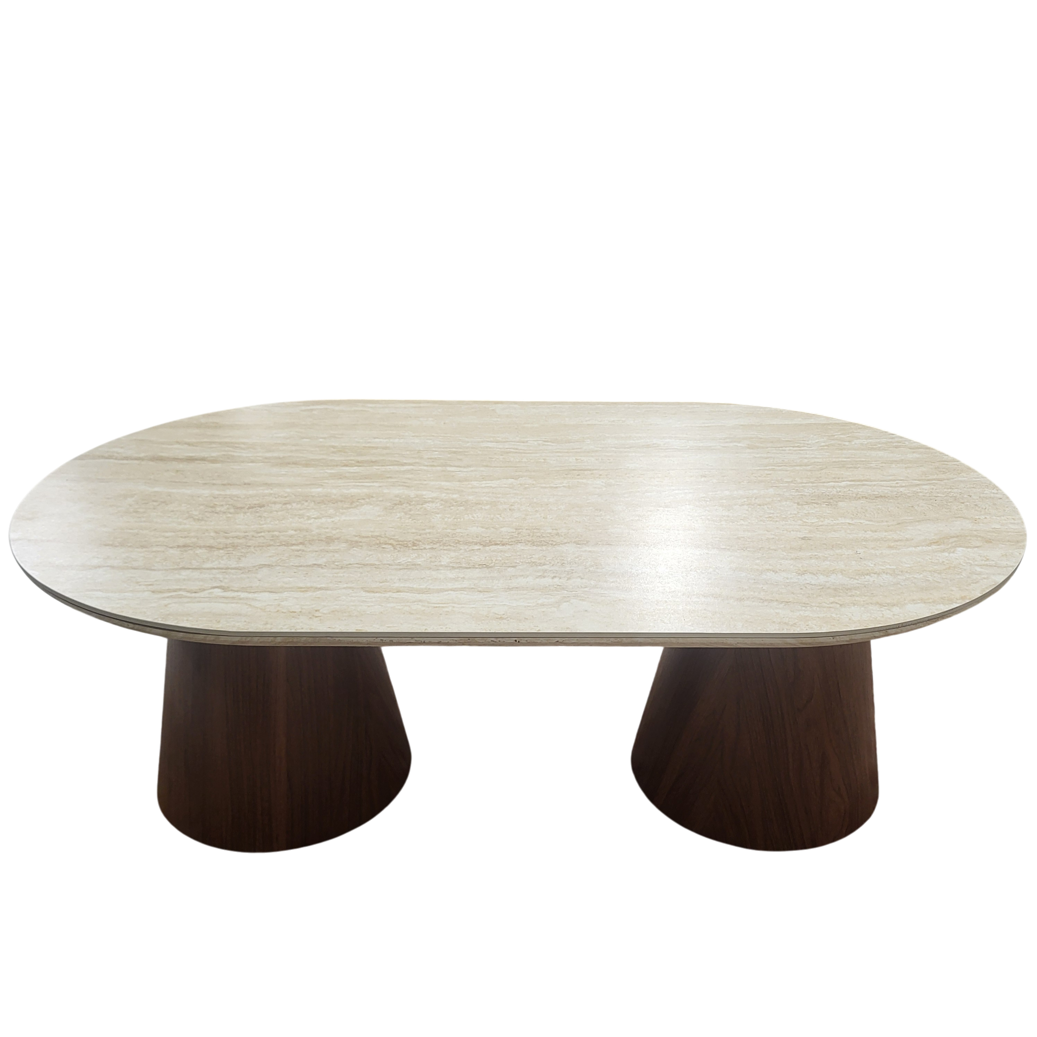 Table basse Iconic ovale 120 cm travertin et pieds noyer - vue de profil