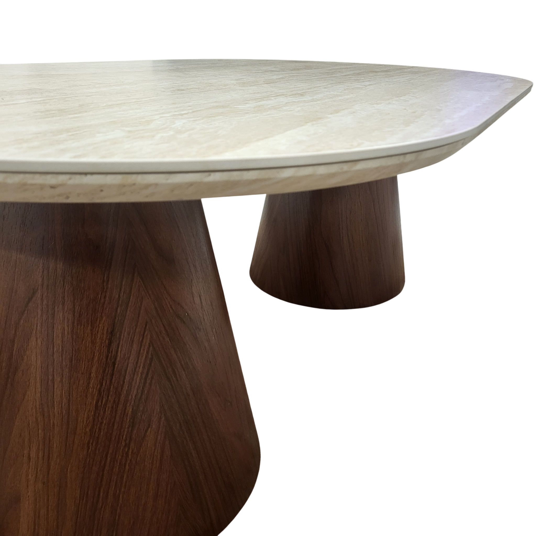 Table basse Iconic plateau céramique travertin et pied noyer - détail du pied