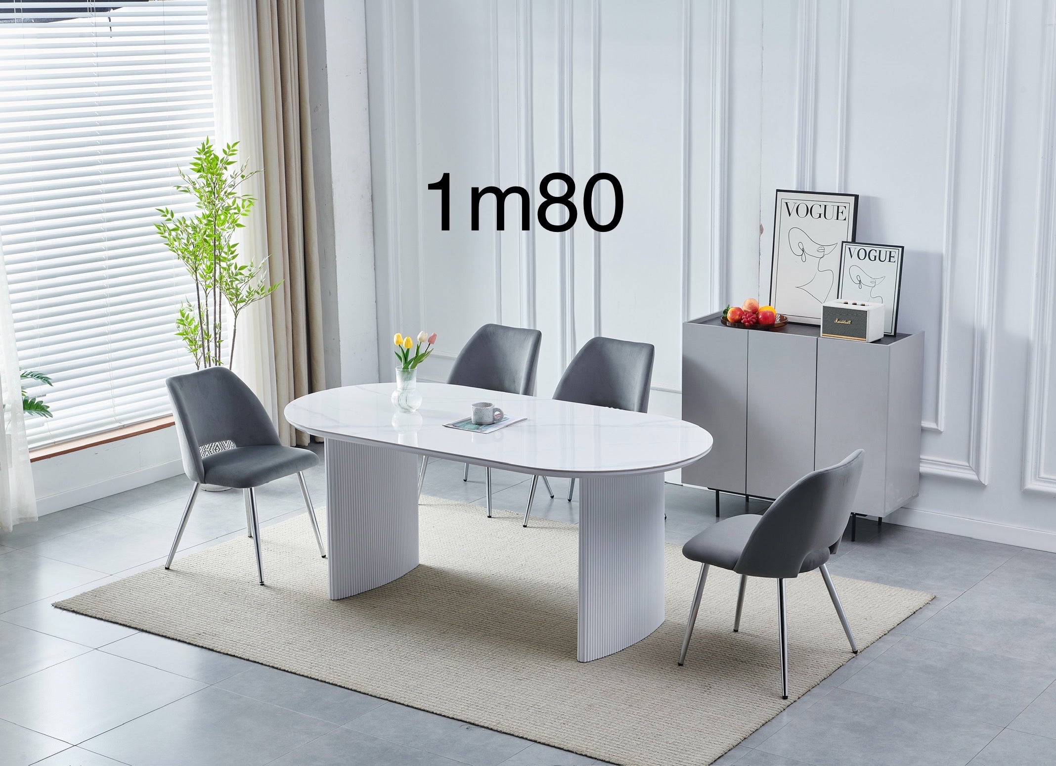 Table à manger Joséphine 180 cm en céramique blanche en situation dans une salle à manger moderne